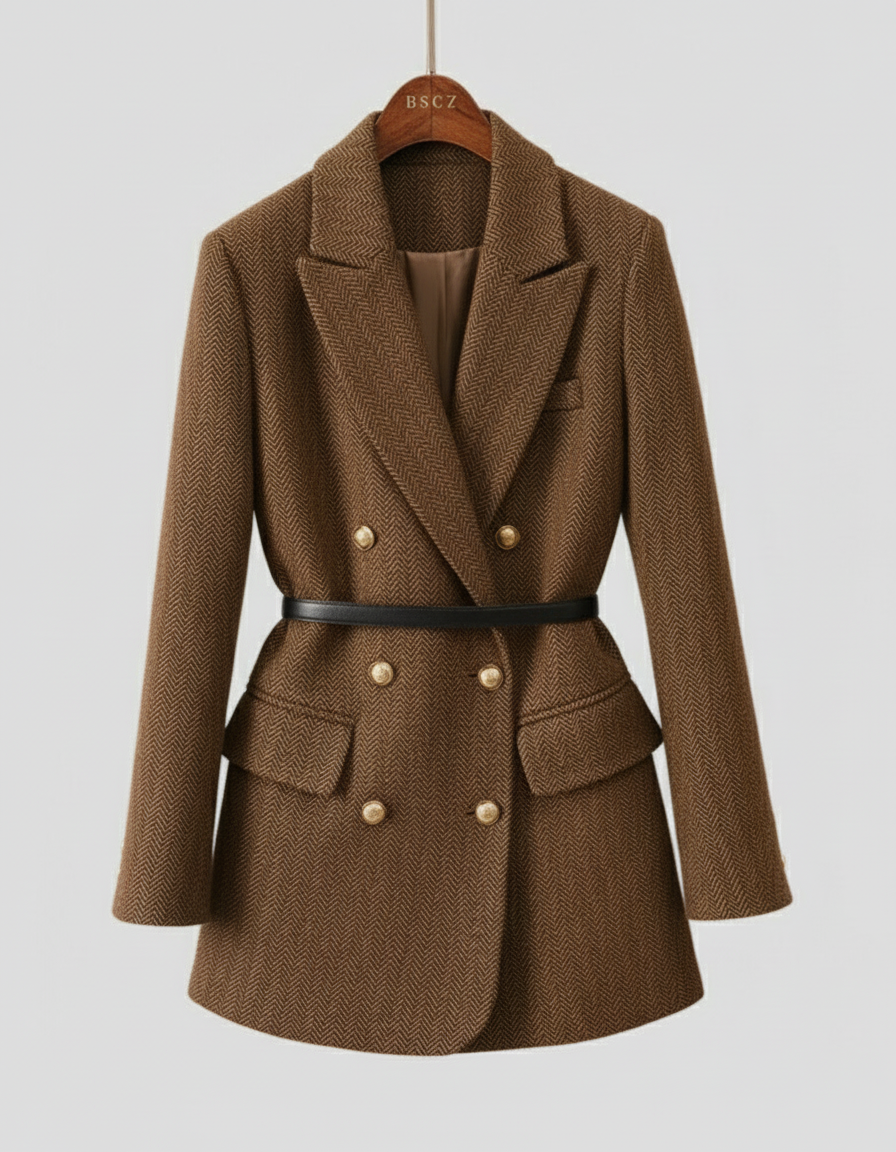 Stilla | Tweed Blazer Jakke – Dobbeltbrystet, med Bælte, Sjalskrave