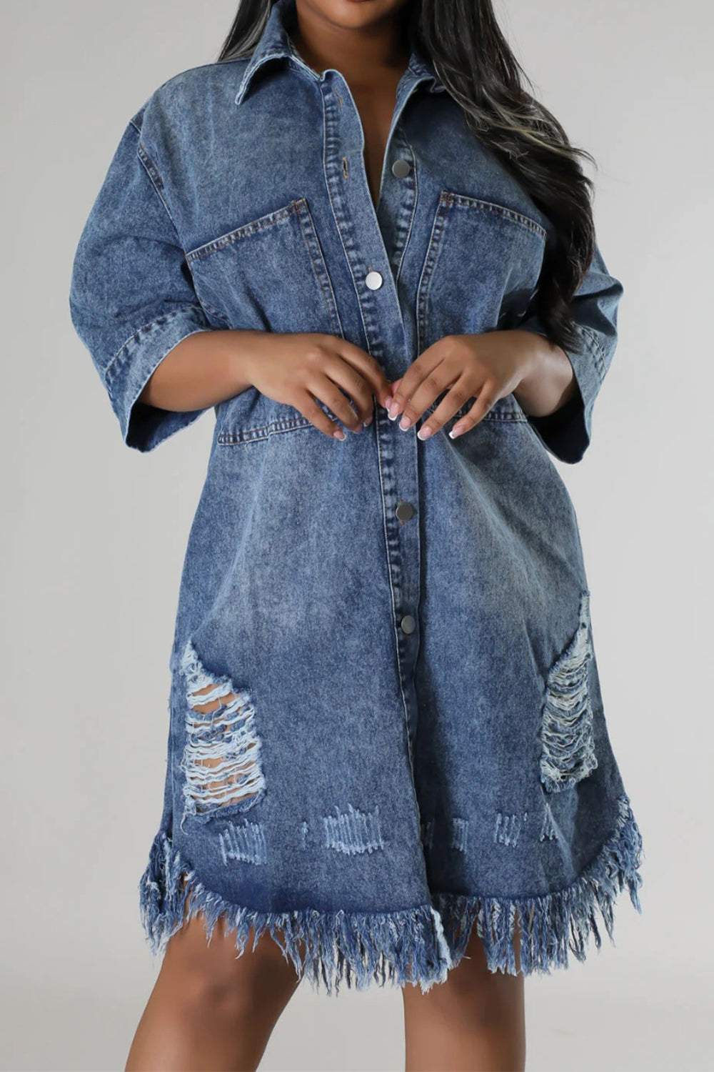 Stilla | Raw Hem Button Up Denim Kjole
