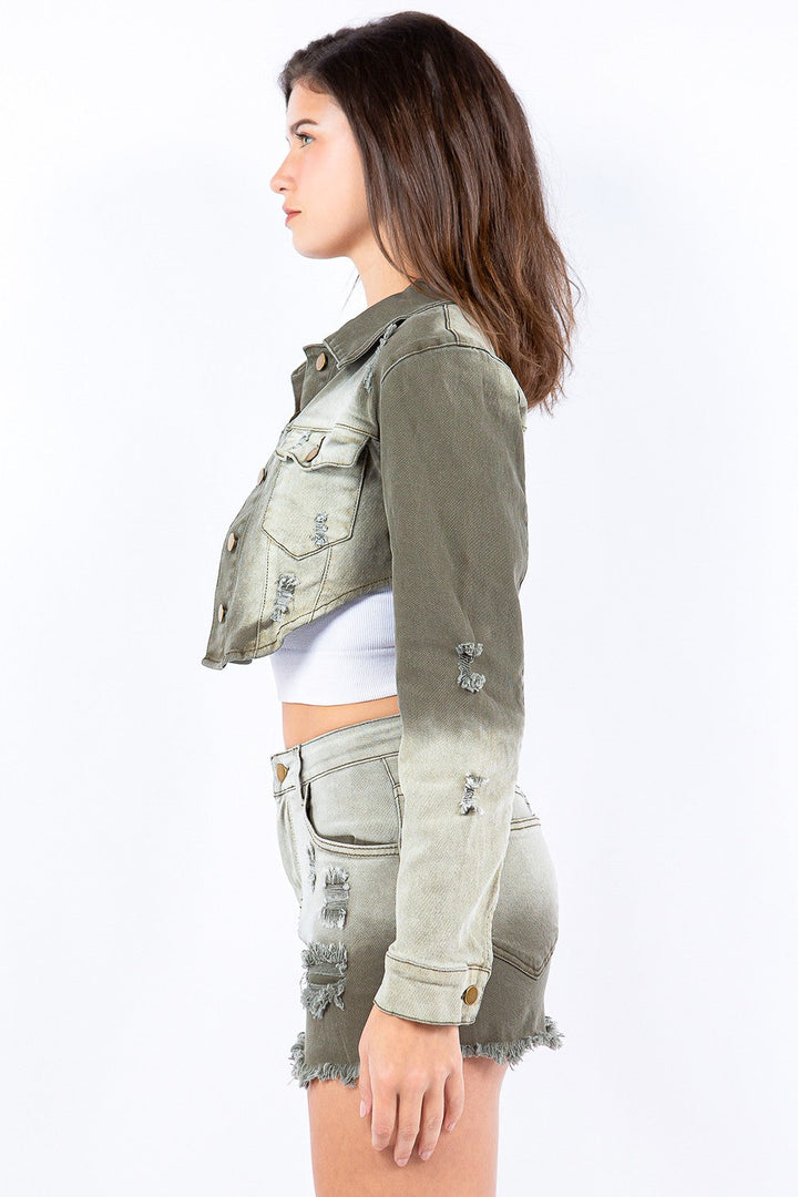 Stilla | Bazi Distressed Ombre Vasket Cropped Denim Jakke