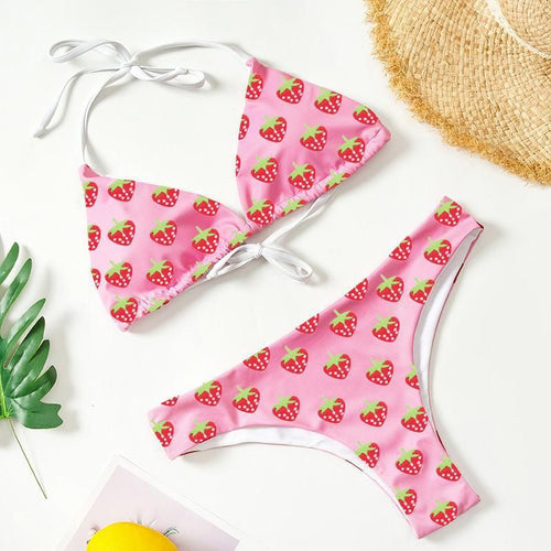 Dame Triangel-Bikini med frugtig jordbærprint Skovae