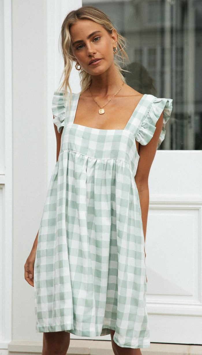 Dame afslappet Vichy-kjole med flæse-stropper og bred pasform Stilla