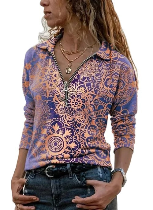 Dame sweater med blomster mønster og polo-krave Stilla