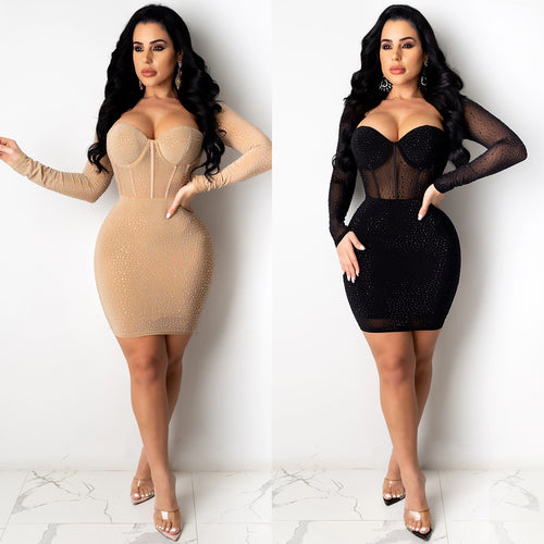 Dame Sexy Minikjole med gennemsigtigt mesh-override og funklende rhinestone-detaljer Stilla