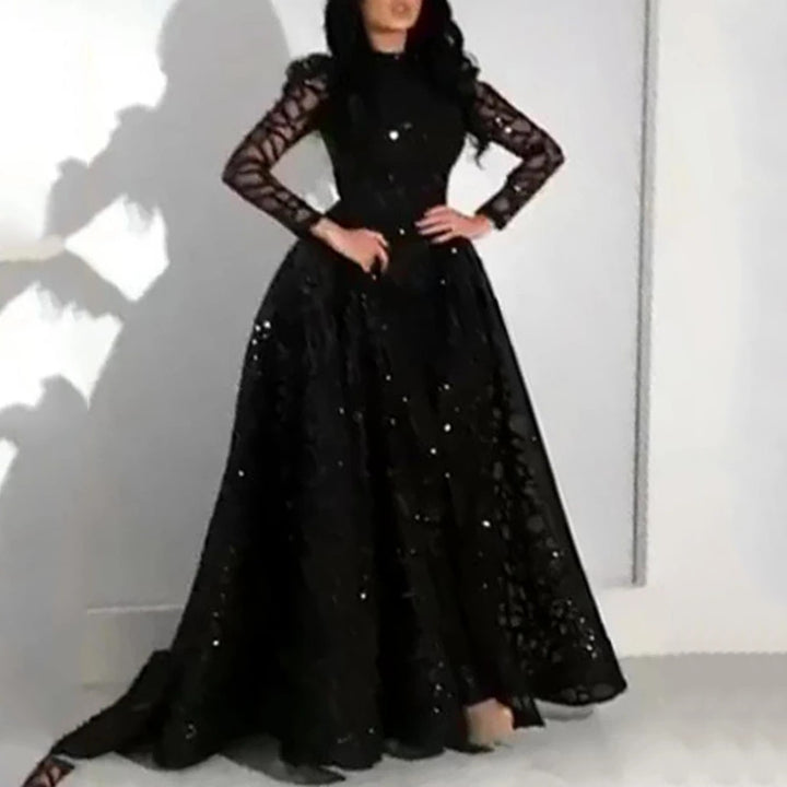 Dame Elegant Aftenkjole med gennemsigtige Ærmer og glitrende Overdel Stilla