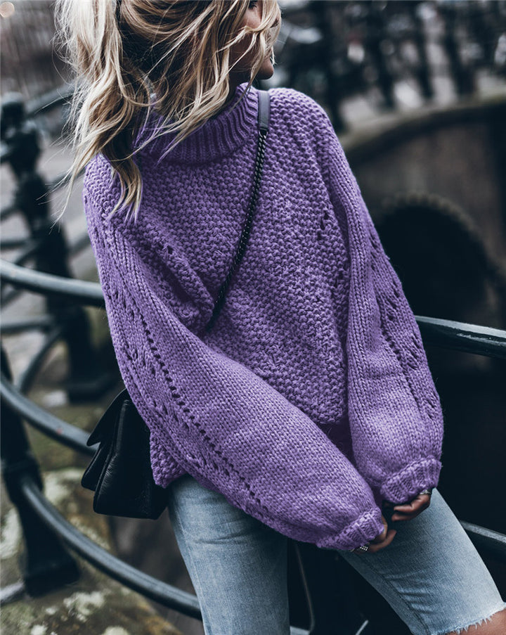 Dame Grovstrik pullover med høje ærmer og moderne hulmønster Stilla