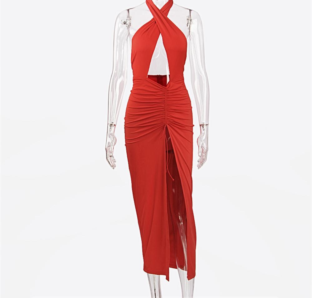 Dame Cut-Out Maxi-kjole med raffinerede rynkelementer og dyb split Stilla