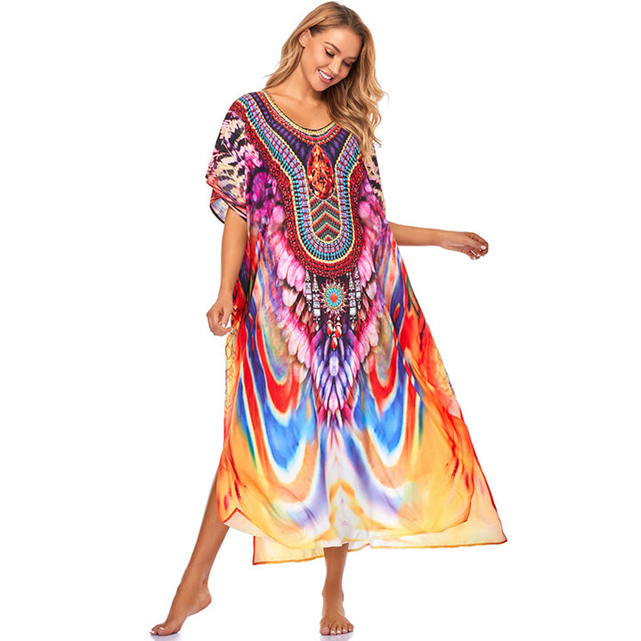 Dame Strandkaftan med kunstnerisk design og farverige mønstre Stilla