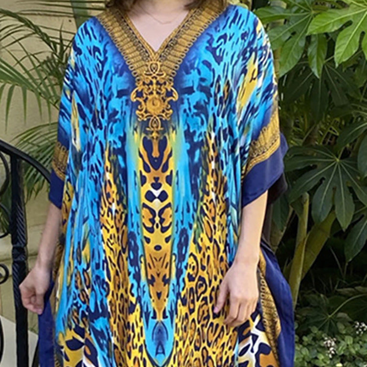 Dame elegant Strandkaftan med kunstnerisk dyremotiv og V-udskæring Stilla