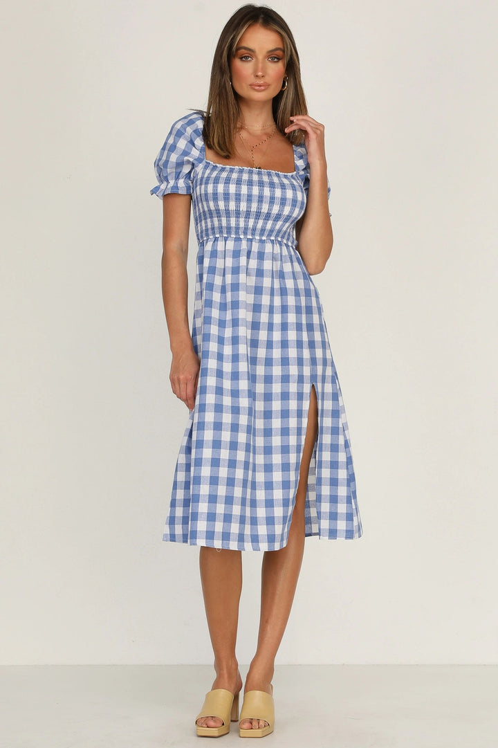 Damer Gingham-rutemønstret Midi-kjole med pufærmer og sideslids-detalje Stilla