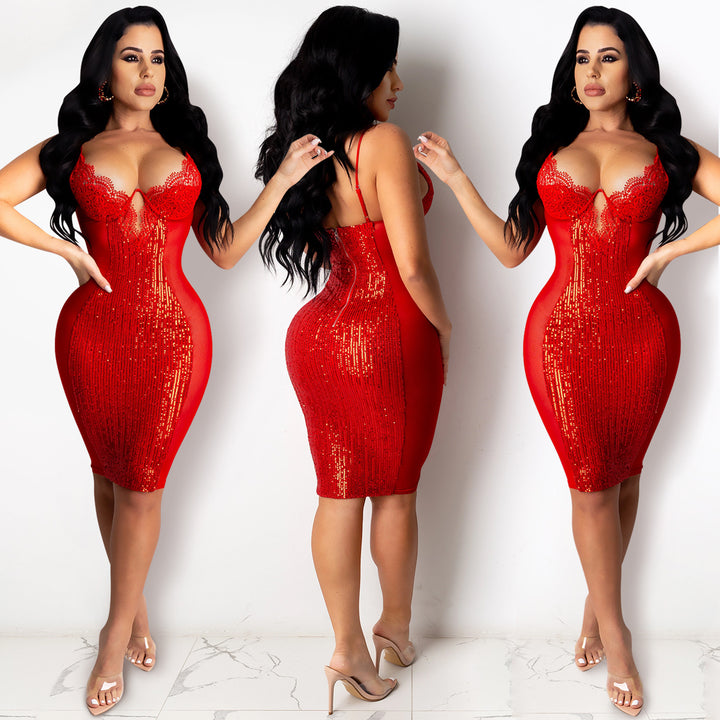 Damer Figurtilpasset Aftenkjole med elegant Blondeoverdel og glitrende Pailletter Stilla