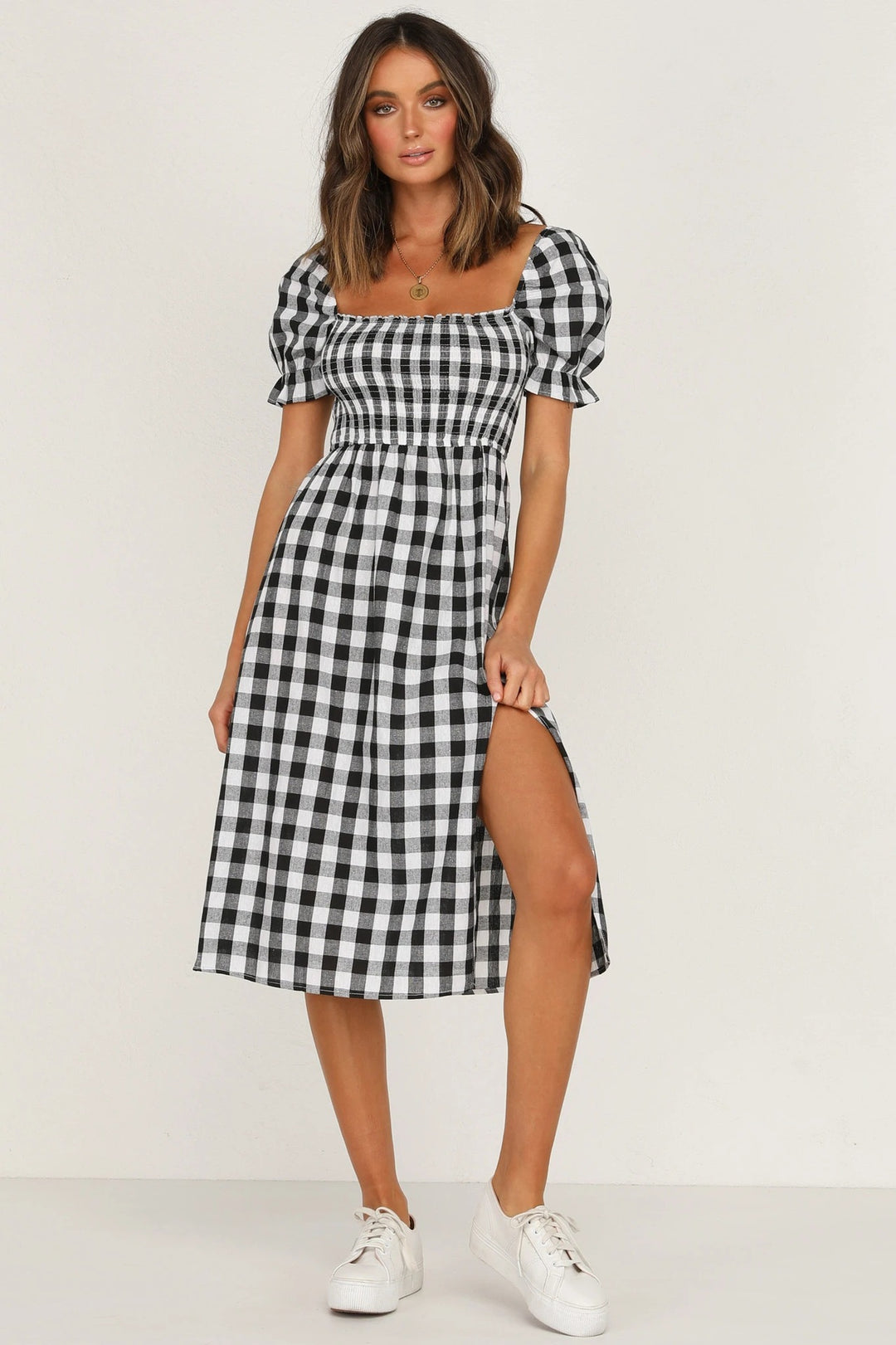 Damer Gingham-rutemønstret Midi-kjole med pufærmer og sideslids-detalje Stilla