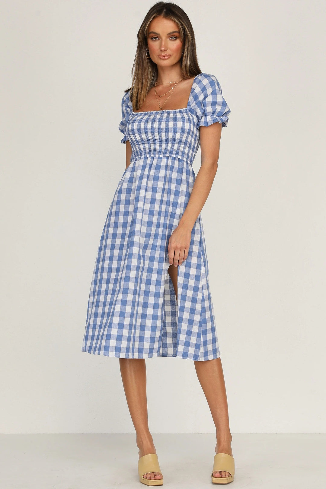 Damer Gingham-rutemønstret Midi-kjole med pufærmer og sideslids-detalje Stilla