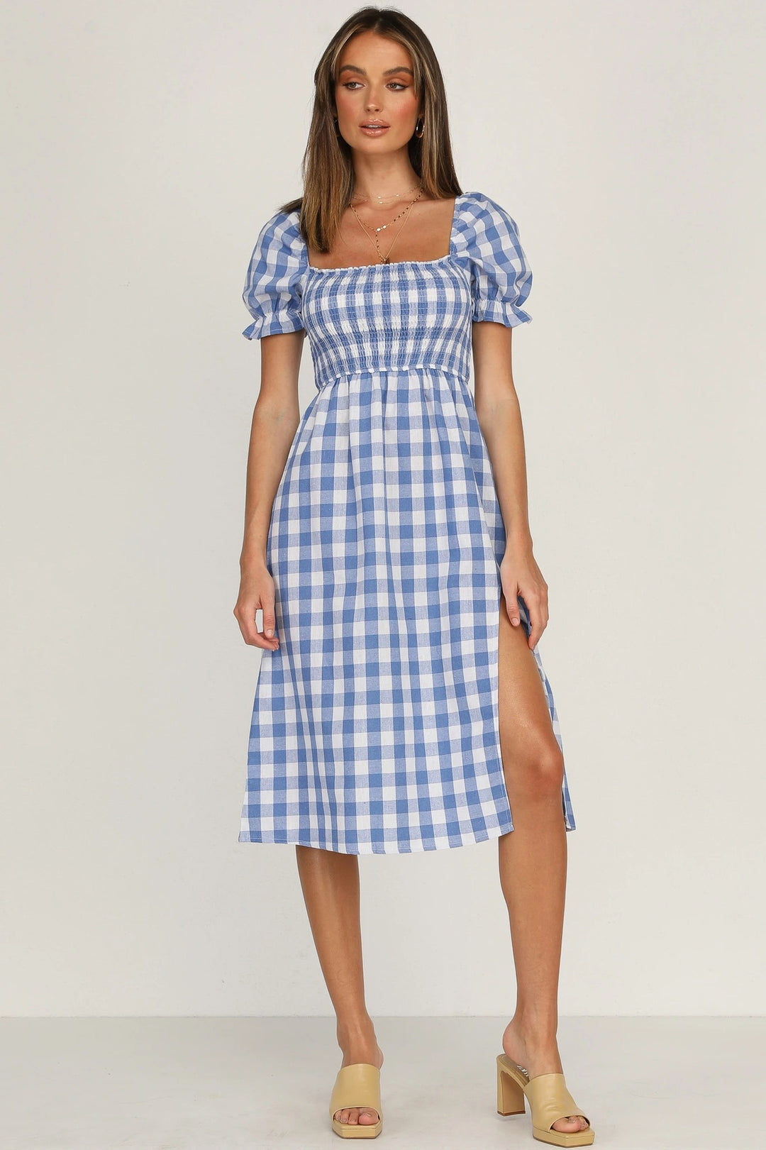 Damer Gingham-rutemønstret Midi-kjole med pufærmer og sideslids-detalje Stilla