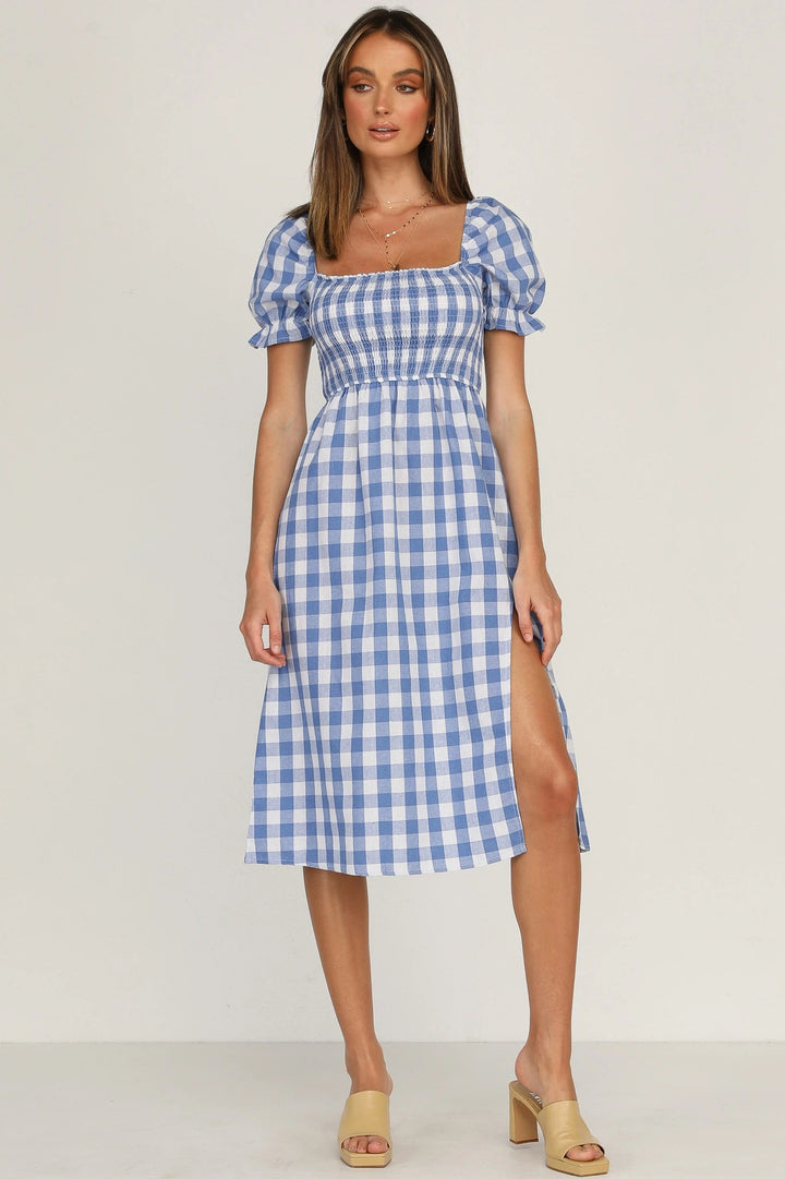 Damer Gingham-rutemønstret Midi-kjole med pufærmer og sideslids-detalje Stilla