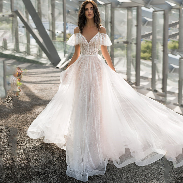 Dame Festkjole Maxi med filigran Spids- og Tulle-detaljer Stilla