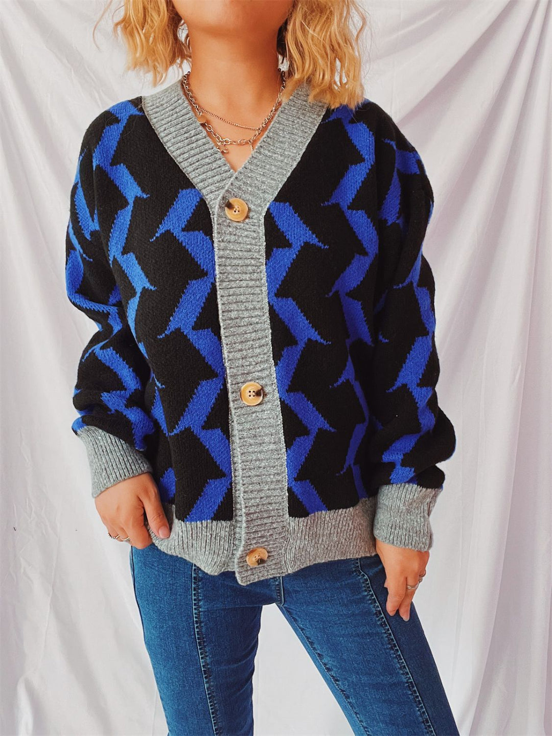 Stilla | Trim Geometrisk V-hals Langærmet Cardigan