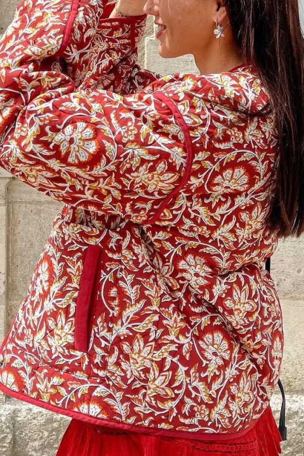 Stilla | Hals Floral Print Løs Vatteret Bomuldsjakke