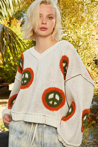 Stilla | Pullover med V-hals, Peace-tryk og Lange Ærmer