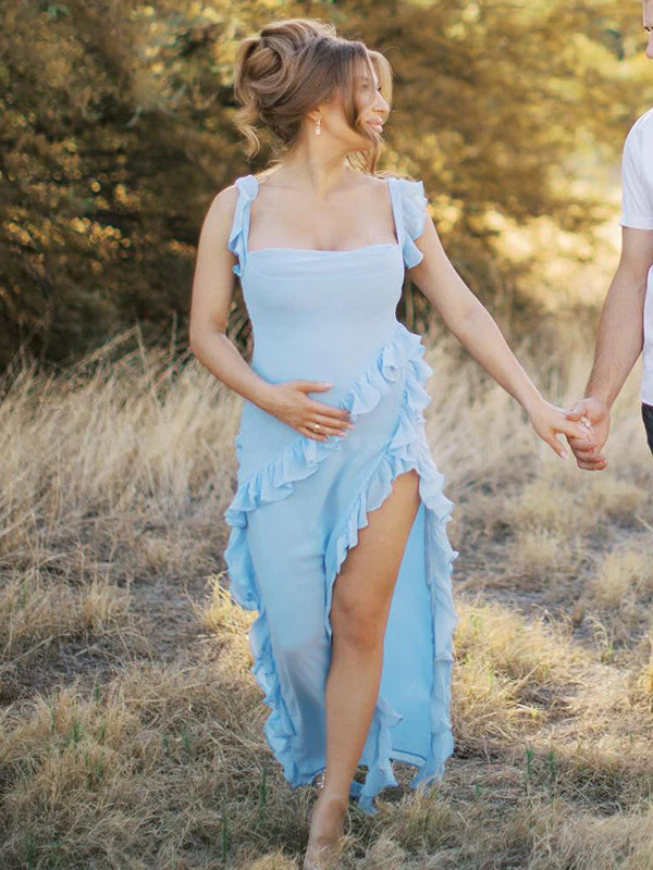 Stilla | Ensfarvet Chiffon Volanter Sidemanche Cocktail Elegante Tynd Maxi Kjoler Premaman