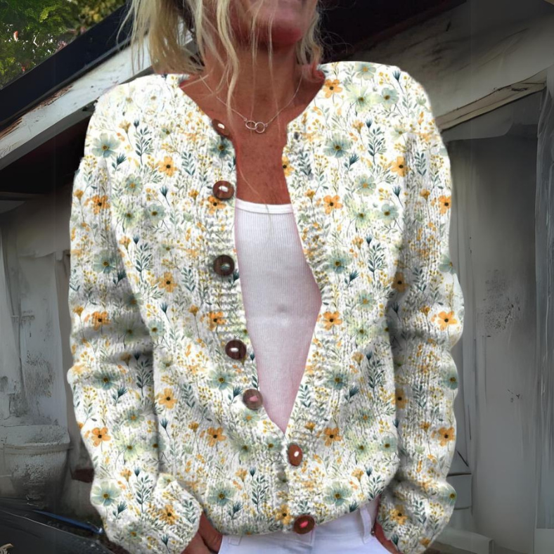 Stilla | Smuk Varm Strikjakke Med Blomstertryk
