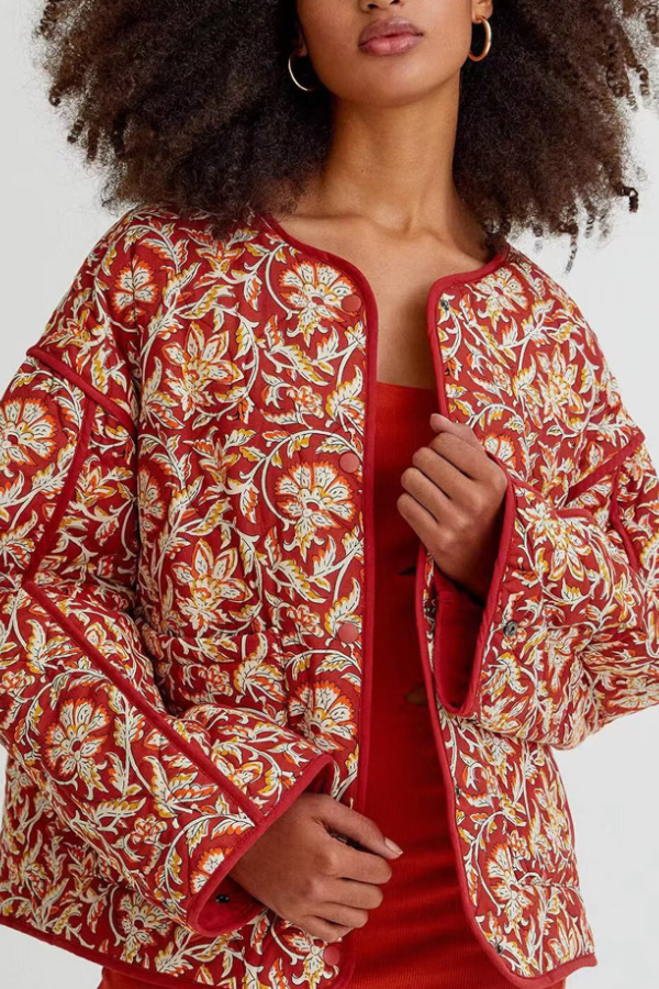 Stilla | Hals Floral Print Løs Vatteret Bomuldsjakke