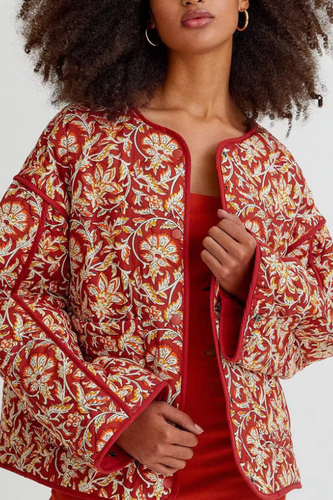 Stilla | Hals Floral Print Løs Vatteret Bomuldsjakke