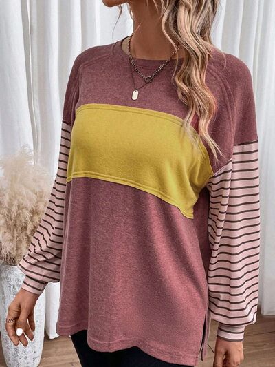 Stilla | Nakke Stribet Langærmet Slids T-shirt