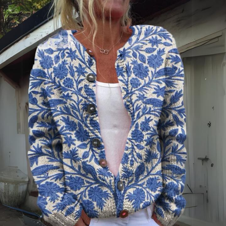 Stilla | Smuk Varm Strikjakke Med Blomstertryk