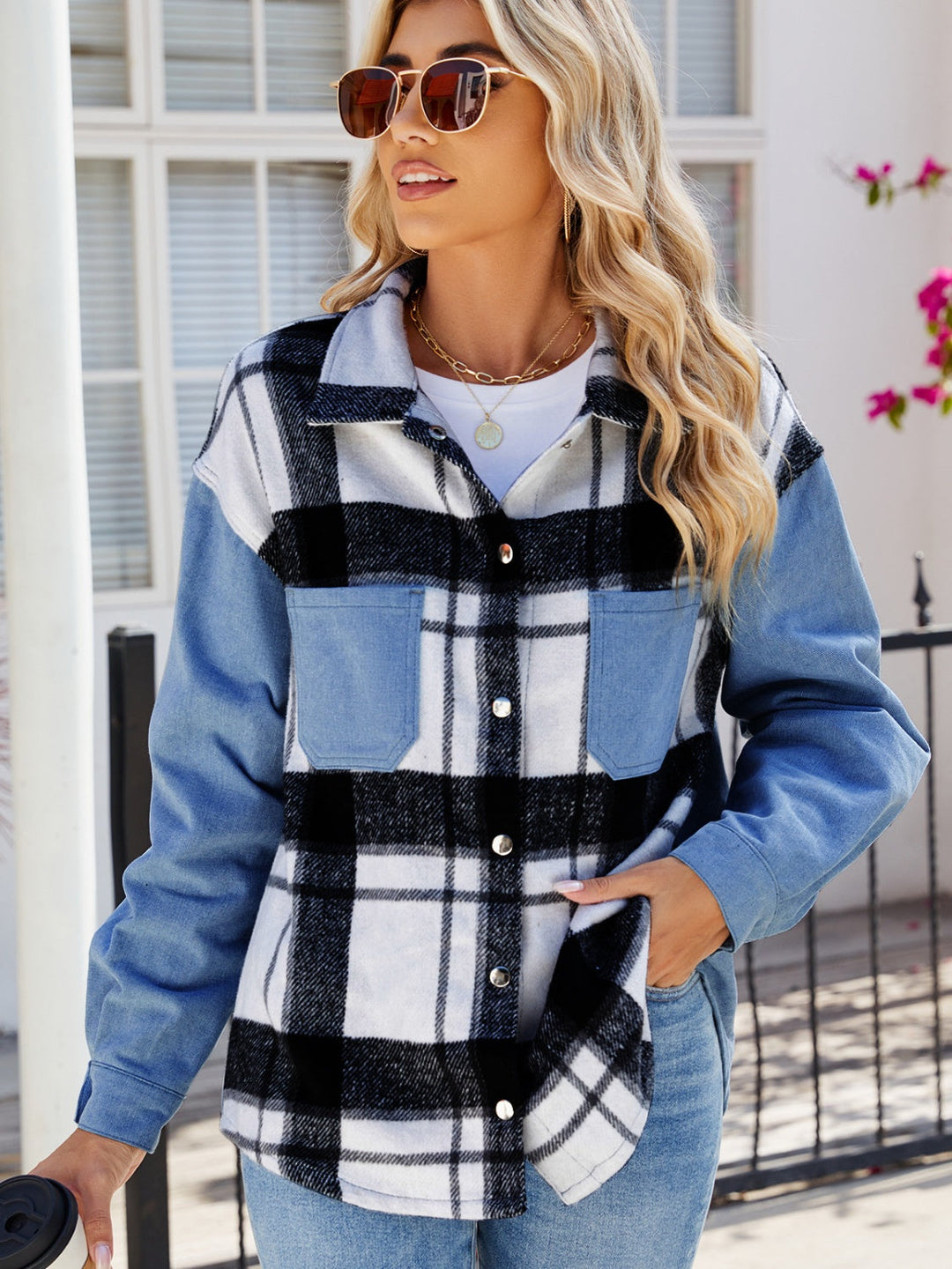Stilla | Plaid Snap Down Denim Jakke