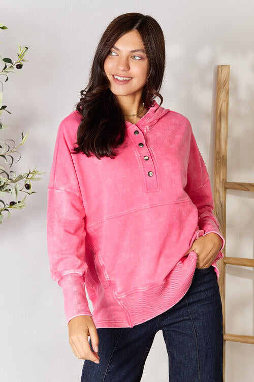 Stilla | Halv Snap Langærmet Hoodie Med Lommer