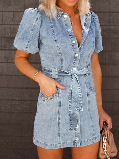 Stilla | Ærme Knap Ned Mini Denim Kjole