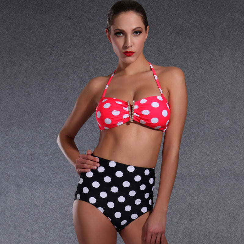 Dame Højskåret Bikini med Charmerende Prikkedesign Skovae