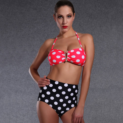 Dame Højskåret Bikini med Charmerende Prikkedesign Skovae