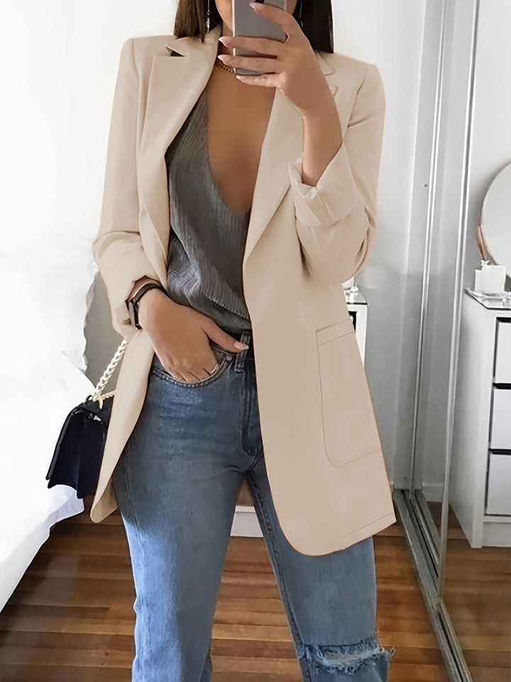 Stilla | Elegant Erhverv-Enfarvet Lang Blazer med Revers ideel til alle årstider