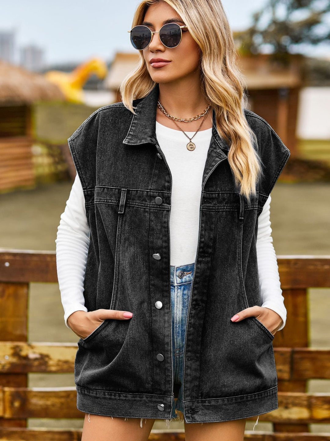 Stilla | Up Collared Neck Sleeveless Denim Jacket