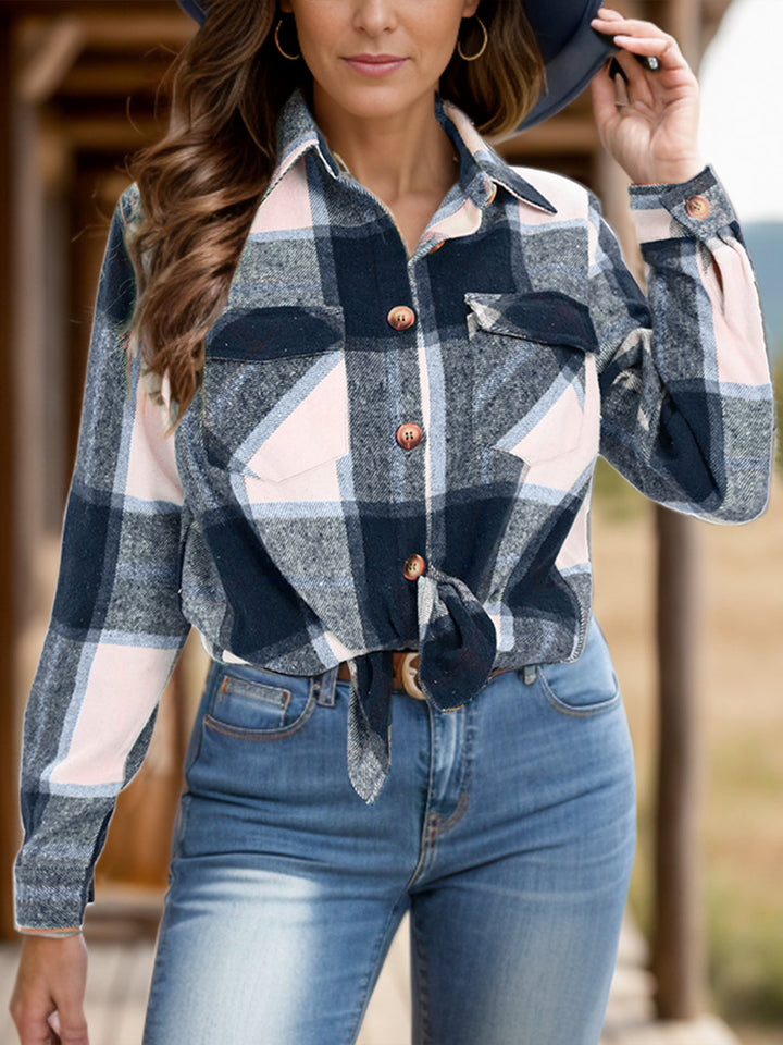Stilla | Plus Size Pocketed Plaid Collet Hals Shacket