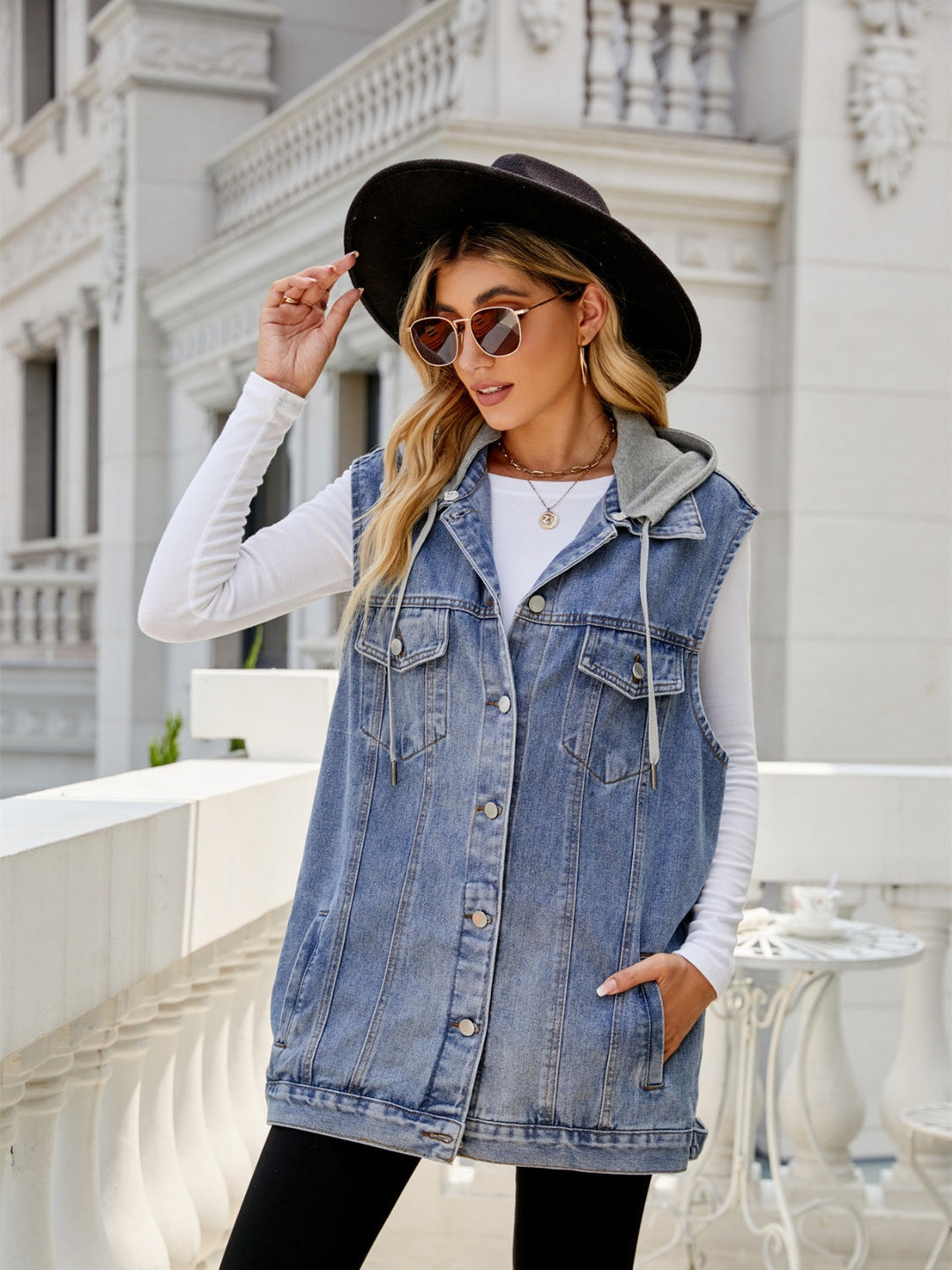Stilla | Pocketed Button up Sleeveless Denim Jacket