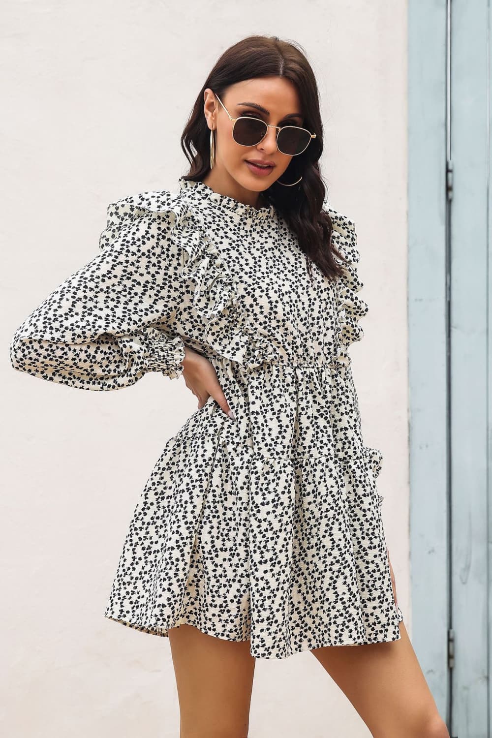 Stilla | Ruffle Trim Smocked Long Sleeve Mini Dress