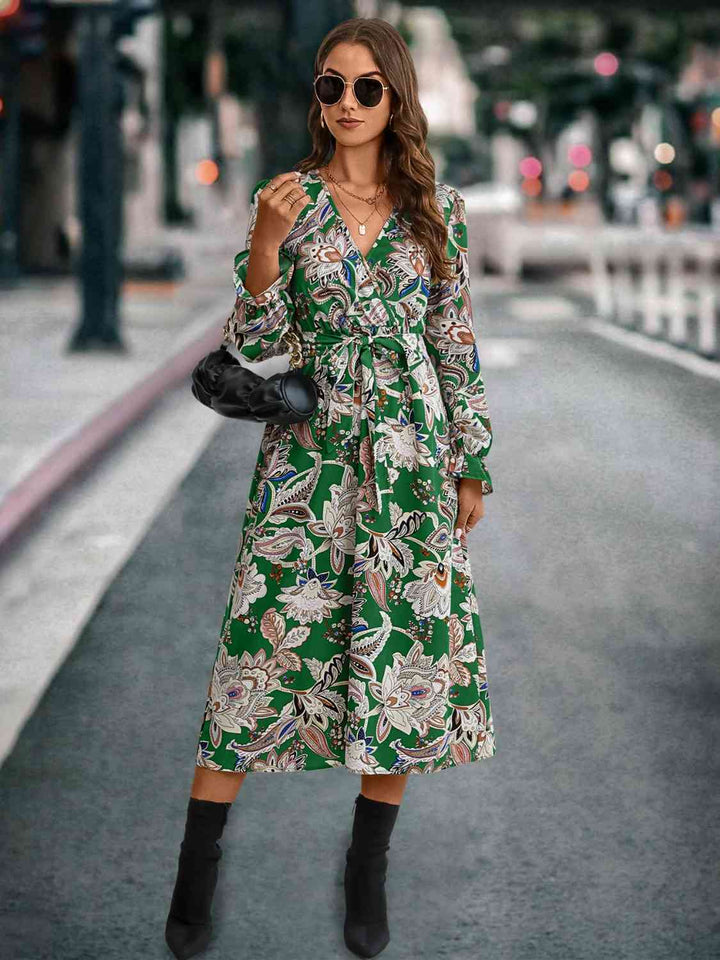 Stilla | Tie Front Surplice Flounce Sleeve Dress