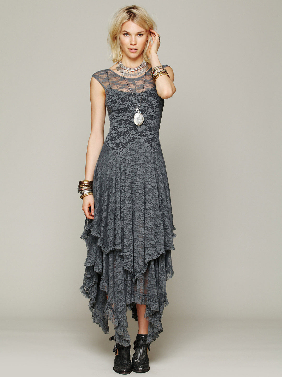 Dame Elegant Spidselag Midi Kjole Stilla