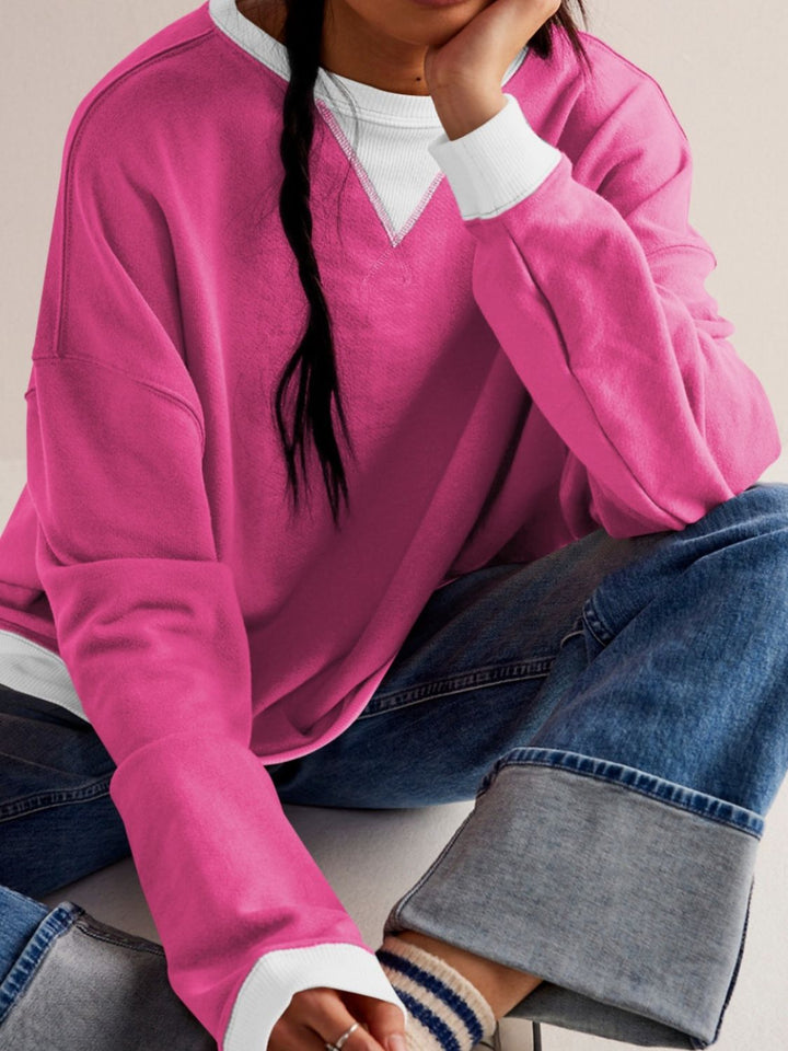 Stilla | Sweatshirt Med Kontrastfarvede Lange Ærmer og Nedfaldende Skuldre
