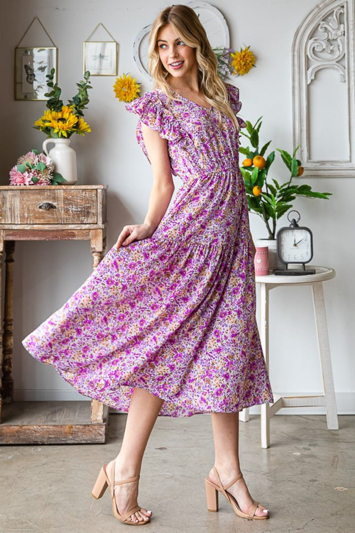 Stilla | J Printed V-hals Ruffled Midi Kjole