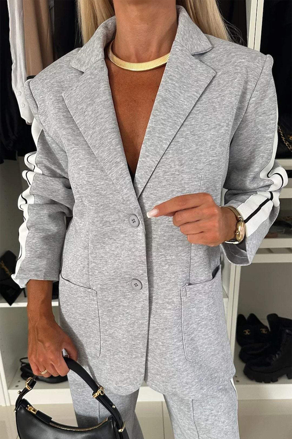 Stilla | Komplet Outfit Overdel og Bukser Med Kontrastfarvet Reverskrave