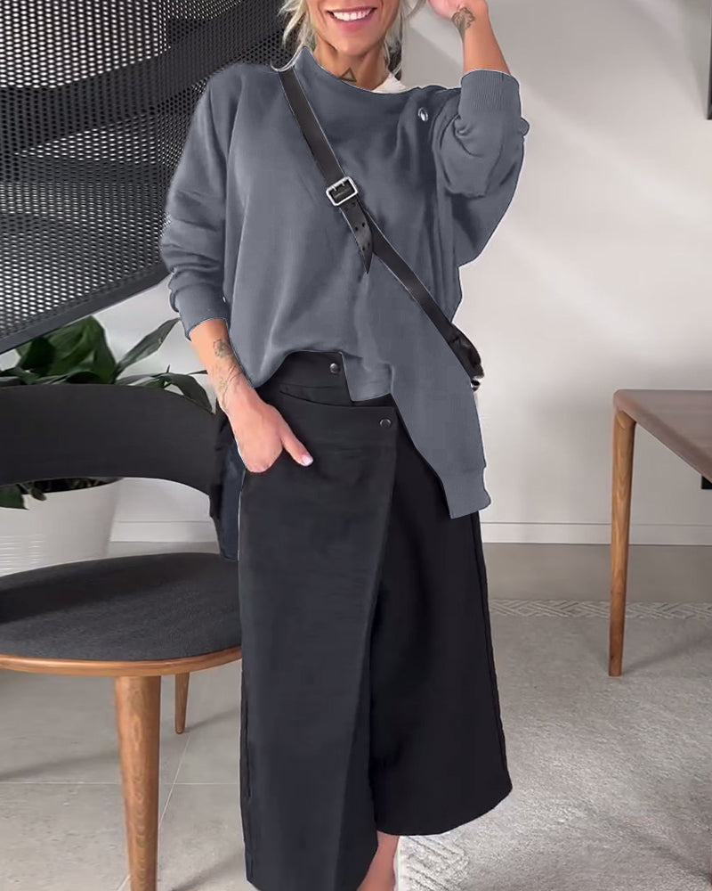 Stilla | Sweatshirt med rund halsudskæring og slids i ensfarvet