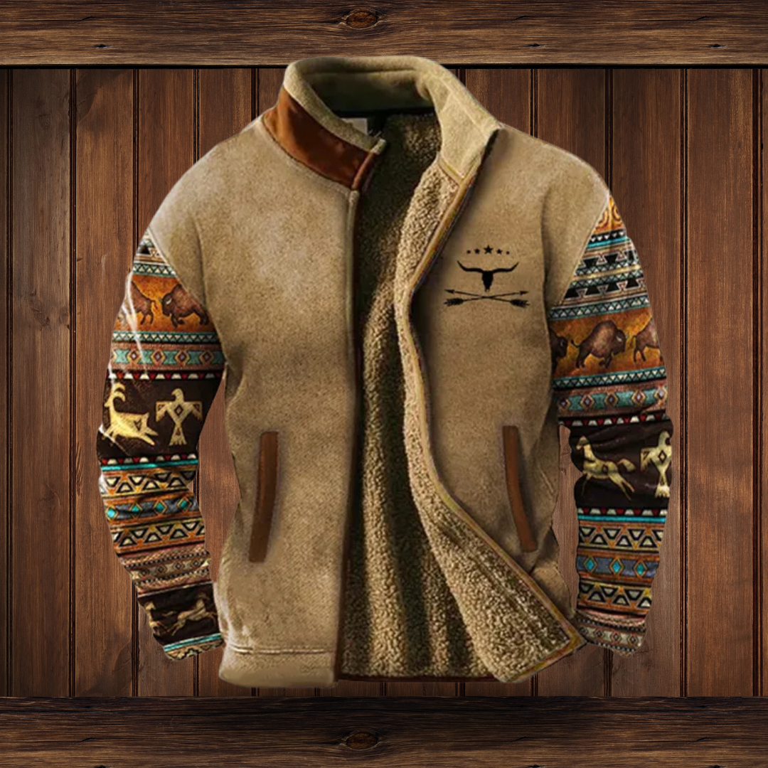 Stilla | Herrebrun Jakke - Tribal-Print-Ærmer med Ståkrave