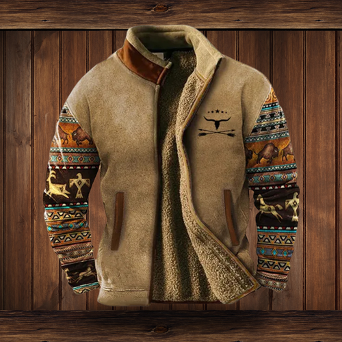Stilla | Herrebrun Jakke - Tribal-Print-Ærmer med Ståkrave