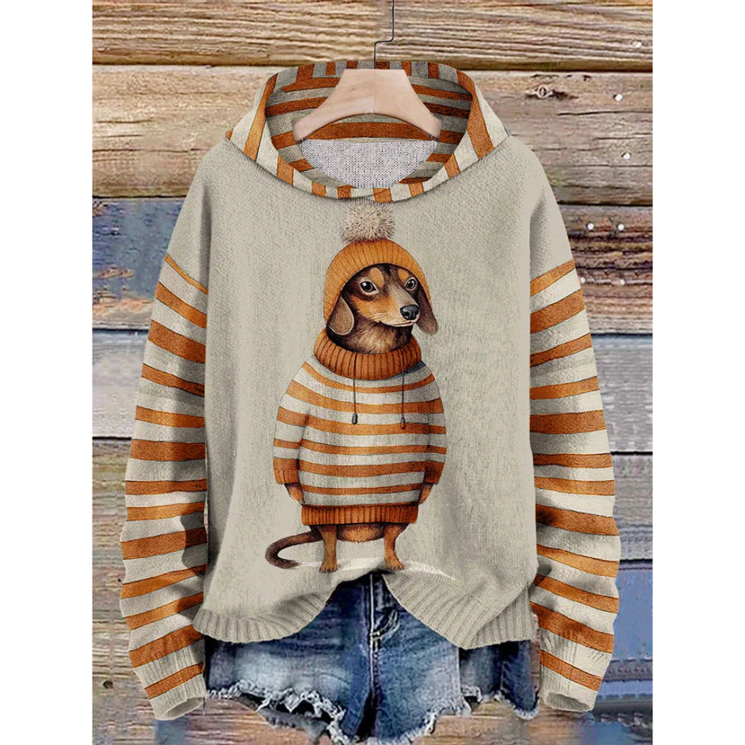 Stilla | Dame Relaxed Fit Fleece Følelse Hund Tryk Stribede Ærmer
