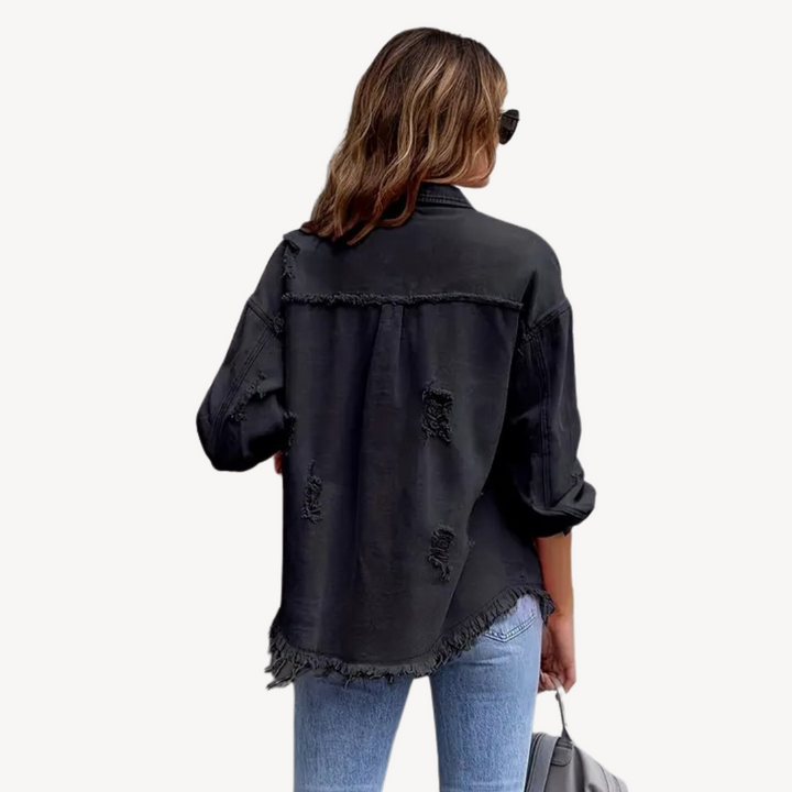 Stilla | Sorte Distressed Denim Button-Up Jakke