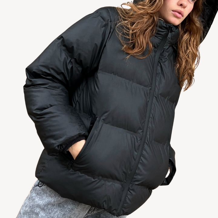 Stilla | Damer Sort Hætte Puffy Jakke Vinter Polyester Jakke