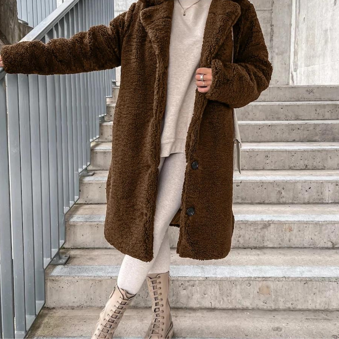 Stilla | Teddy-frakke Lang Oversized-snit Blød og Varm Trykknaplukning og Bred Krave